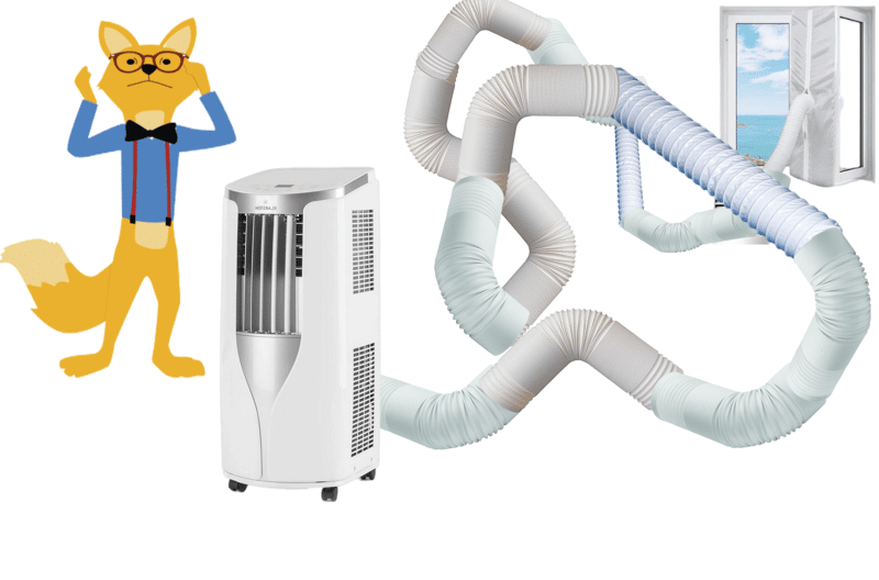 Der Smart-Home-Fox Experte sieht sich fragend den Abluftschlauch und die Fensterabdichtung an, an der eine mobile Klimaanlage angeschlossen ist.